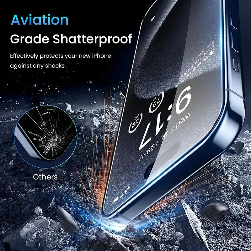 Aviation grade shatterproof screen protector showcasing its impact resistance for iPhone protection against shocks.