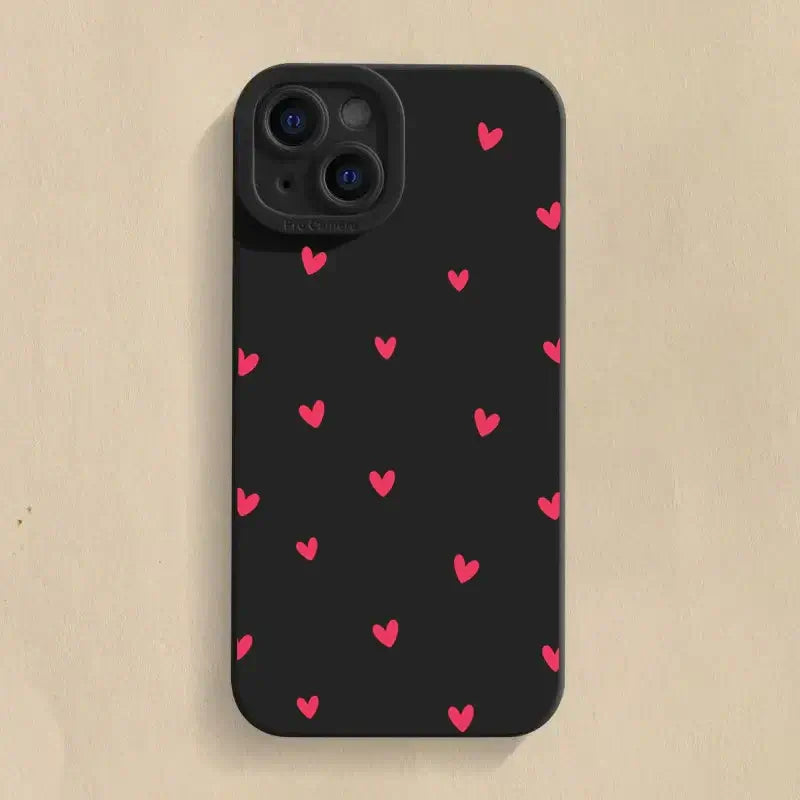 Black love heart iPhone case featuring a sleek design with pink hearts on a black background, perfect for style and protection.