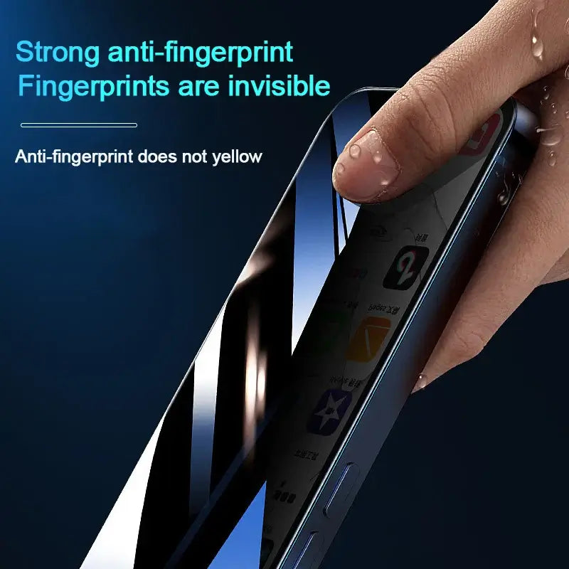 Close-up of anti-fingerprint tempered glass screen protector, showcasing its clarity and resistance to fingerprints on a smartphone.
