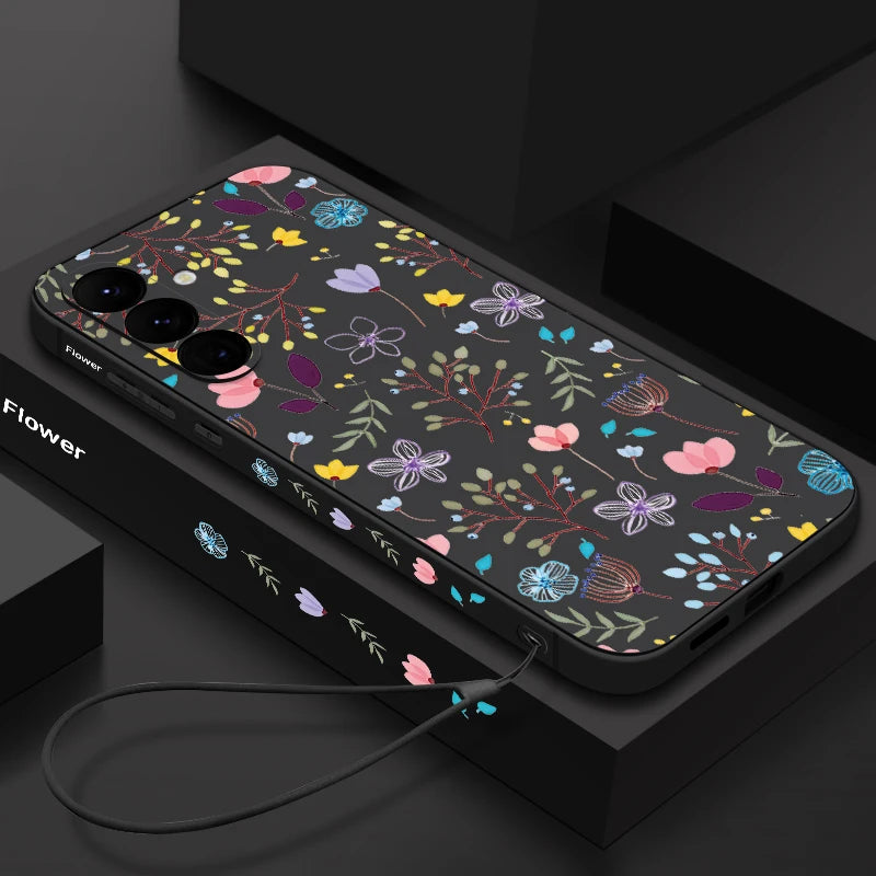 Black Luxury Flower Print Lanyard Samsung Galaxy Case - Silicone, Shockproof, Floral Design