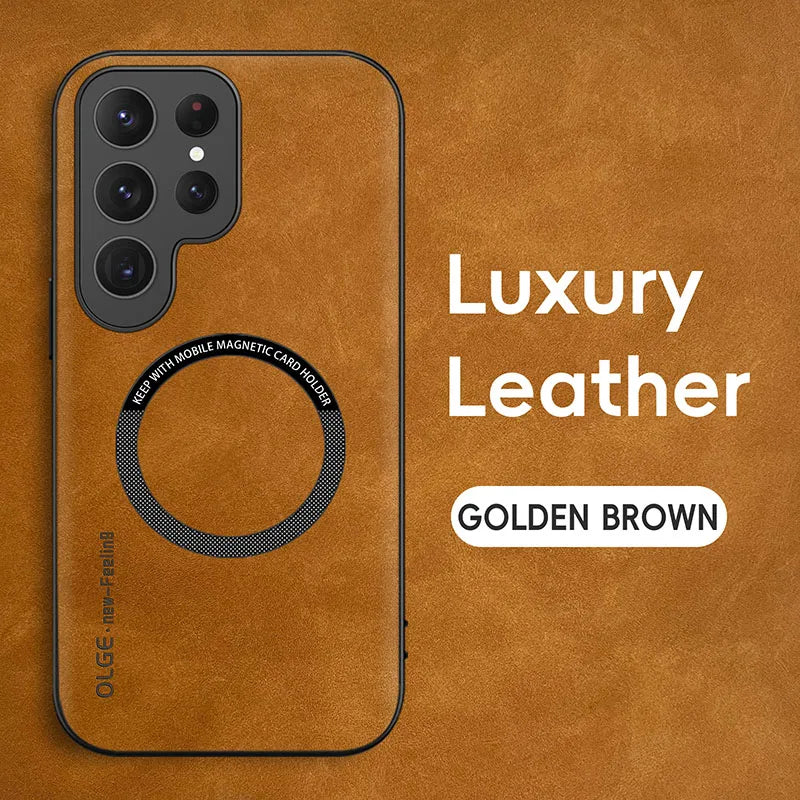 Luxury Leather Magnetic Samsung Galaxy Case - Golden Brown