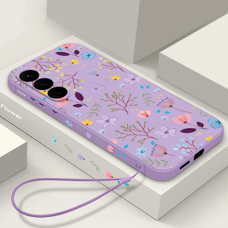 Purple Luxury Flower Print Lanyard Samsung Galaxy Case - Silicone, Shockproof, Floral Design