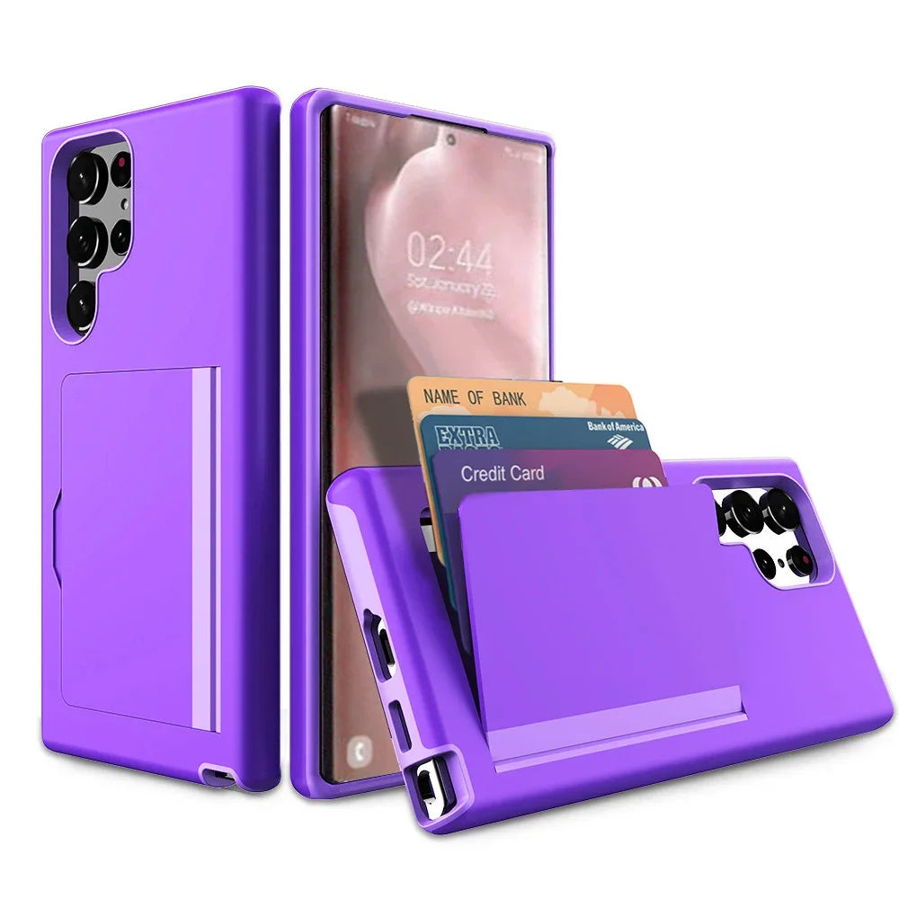 Purple Samsung Galaxy S23 Black Wallet Case with 3 Card Slots and Cash Pocket