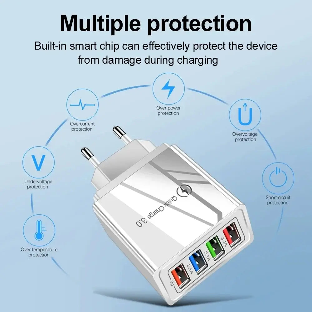 4-Port USB Wall Charger – 3A Quick Charge 3.0 EU/US Plug for Phones & Tablets