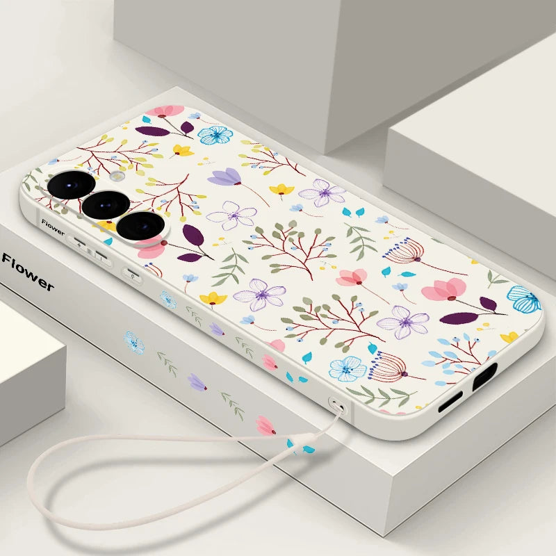 White Luxury Flower Print Lanyard Samsung Galaxy Case - Silicone, Shockproof, Floral Design
